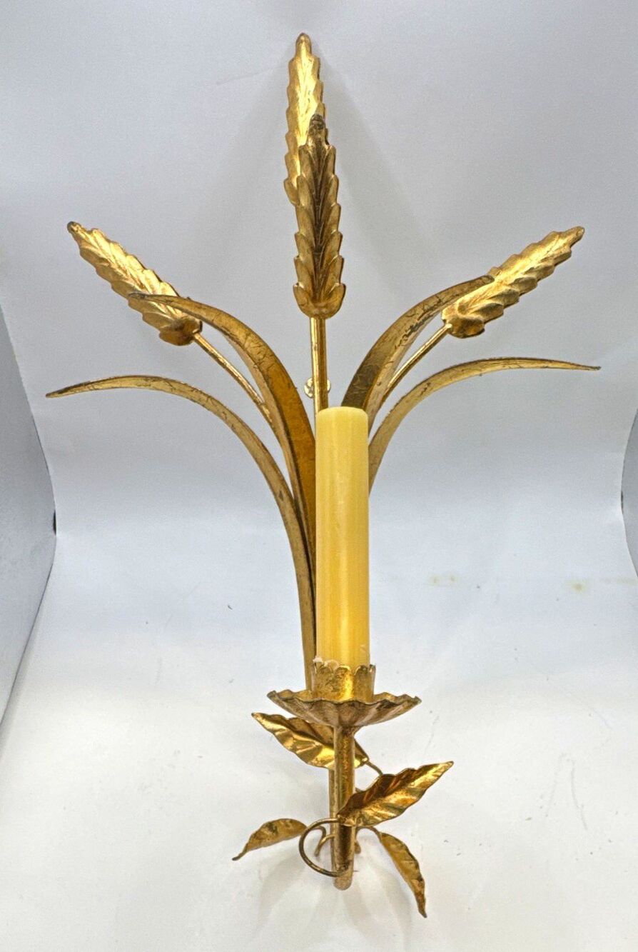 Pair of  Gold Metal Leaf wheat stocks  Wall Sconce Candle holder